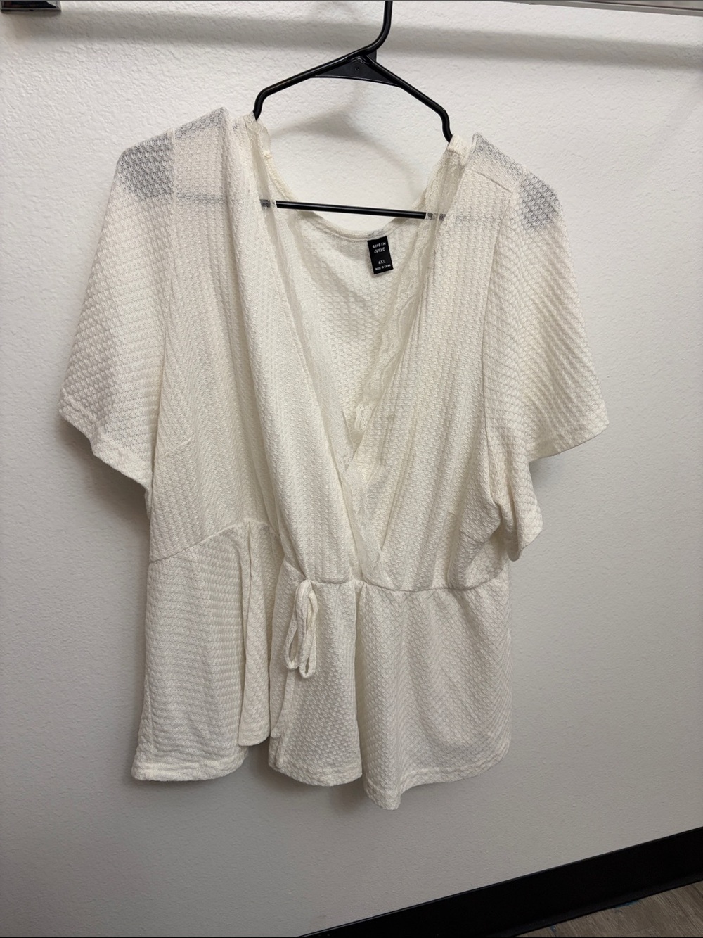 SHEIN Cream Textured Wrap Blouse with Tie Waist